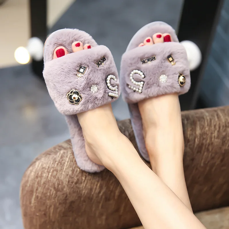 Pearl Letter Decor Faux Fur Slides Fluffy Indoor Slippers Platform