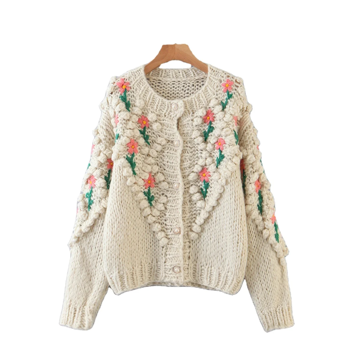 Kardigan Rajut Tangan Popcorn Desain Sweater Buatan Tangan Kustom Bordir Rajutan Sweater Rajut Tangan untuk Wanita
