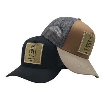Wholesale Custom 5Panel Black Cotton Twill Truck Golden Embroidery Patch Logo Gorras Hats