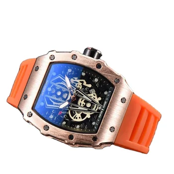Barrel shaped fully automatic luminous hollowed out fashionable cowhorn steel gold case quartz watch