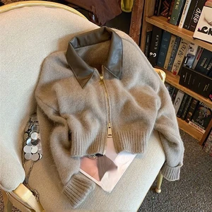 China V-Times Women's Vintage 2026 Autumn Cardigan New Simple Versatile Patchwork Leather Lapel Zipper Knitted Women's Clothing