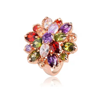 Wholesale Statement Colorful Zircon Marquise Cut Crystal Claw Setting Rose Gold Rainbow Ring