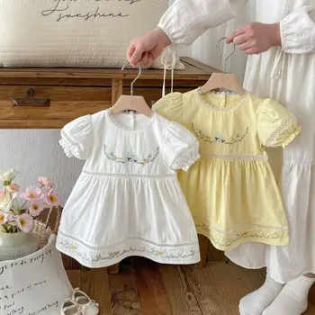Girls' 2025 Summer Floral Embroidered Lace Collar Baby Dresses Small Medium-Sized Kids' Princess Puff Sleeve Baby Skirts