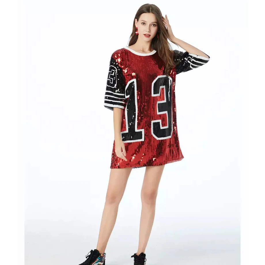 Custom Sparkling Sequin Dress Beaded Basketball Jersey Women Casual Hip Hop T Shirt Dresses