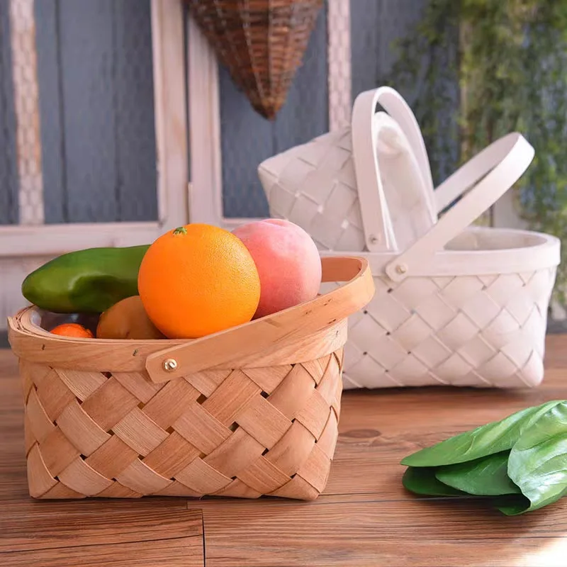 Chinese Rustic Style Weaving Picnic  Basket with Handle Home Decor Hanging Wall Basket Wedding Gift Storage Basket