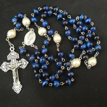 8MM Blue Tiger Eye Stone Prayer Beads Catholic rosarios Necklace with virgin mary silver metals
