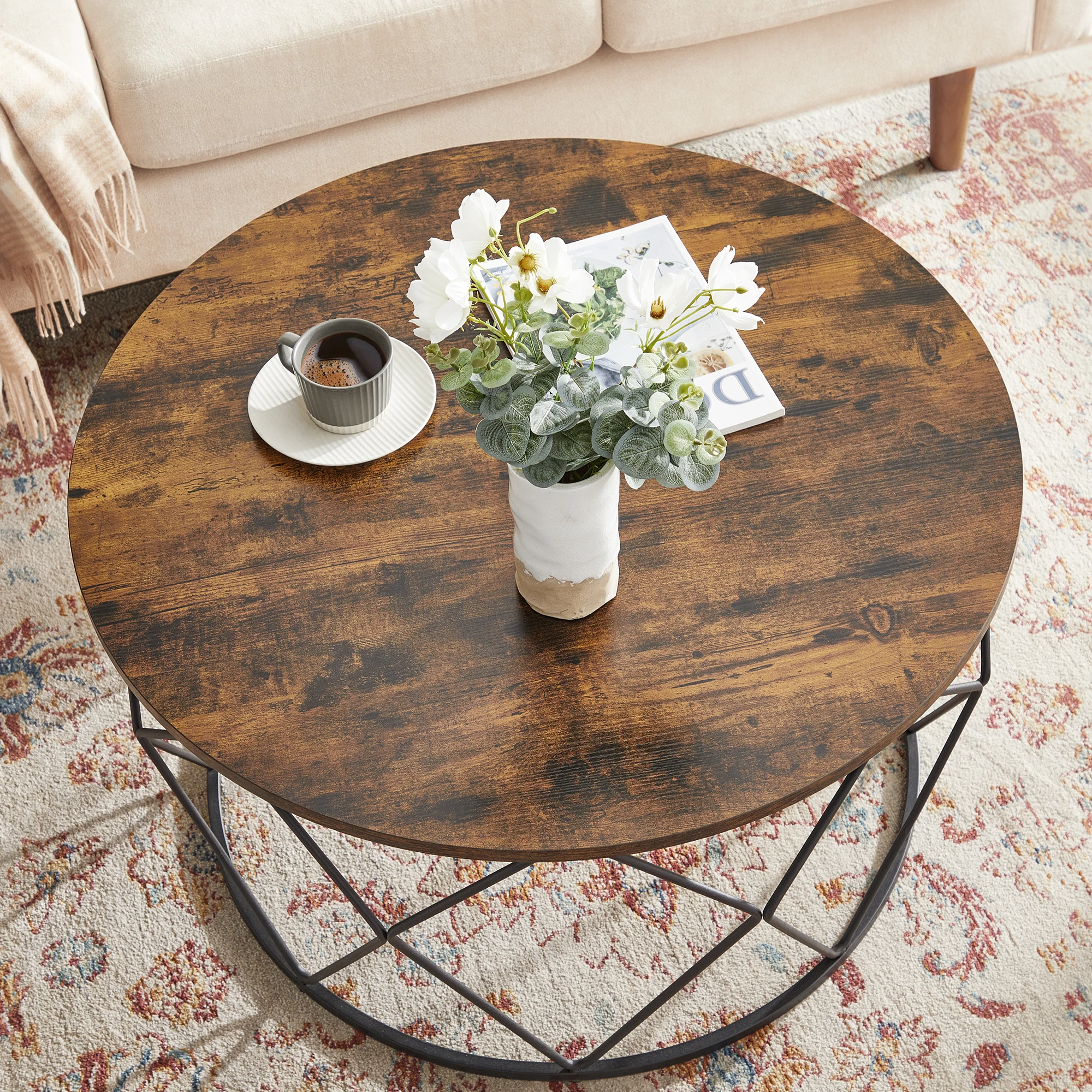 VASAGLE Round Coffee Table Wood and Iron with Detachable Desktop Simple Wooden Coffee Table