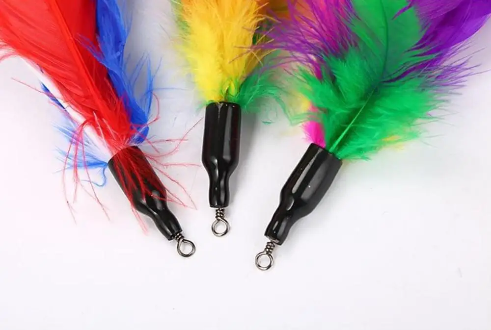 Выдвижной игрушечный тизер для кошек с 3 альтернативными кожаными цветными перьями, игрушки для кошек