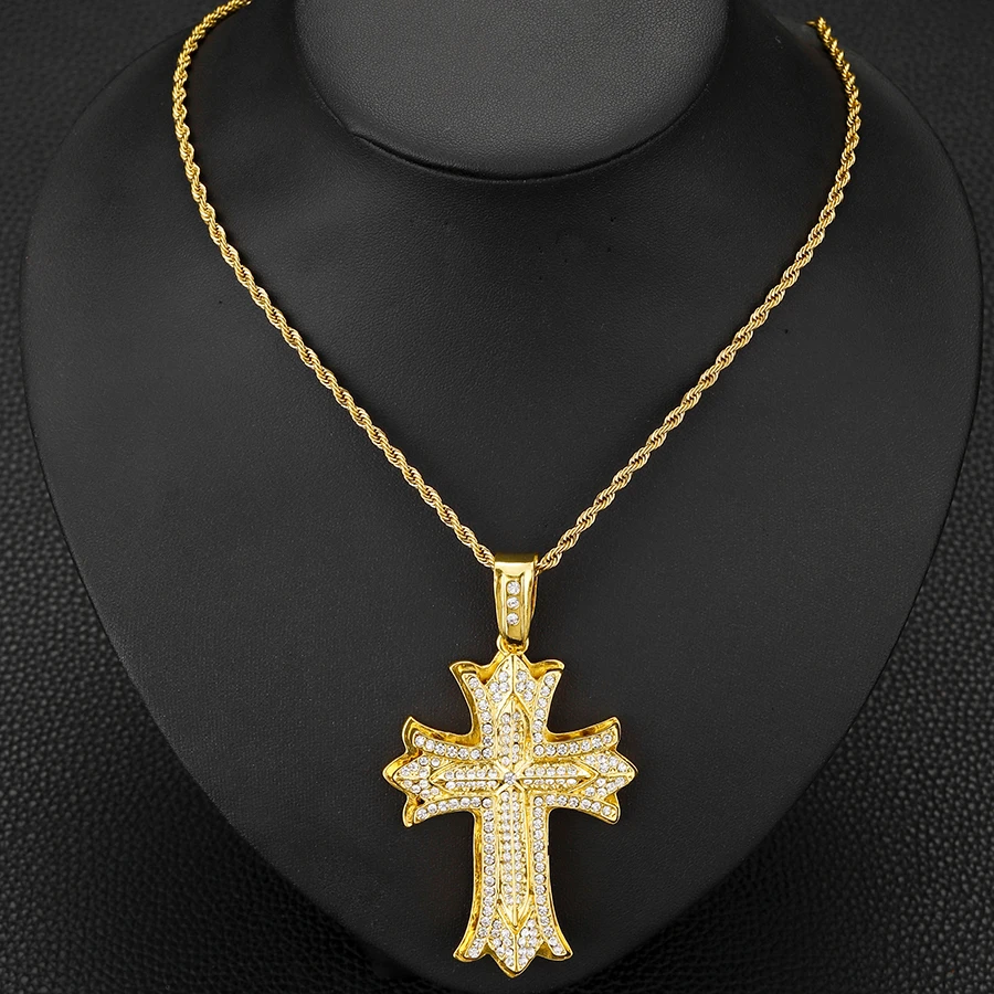 Men's Cross Pendant Iced Out Rhinestone Diamonds Charm Necklace