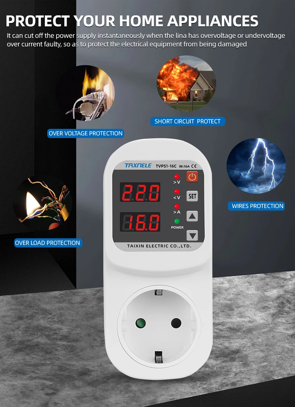 thumbnail image 2 of Automatic Voltage Protector Socket AC 110V/220V, 16A Surge Protector 2 of 14
