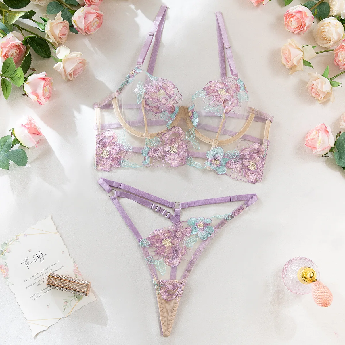 Shop Our Luxury See-through Bra with Purple Floral Embroidery