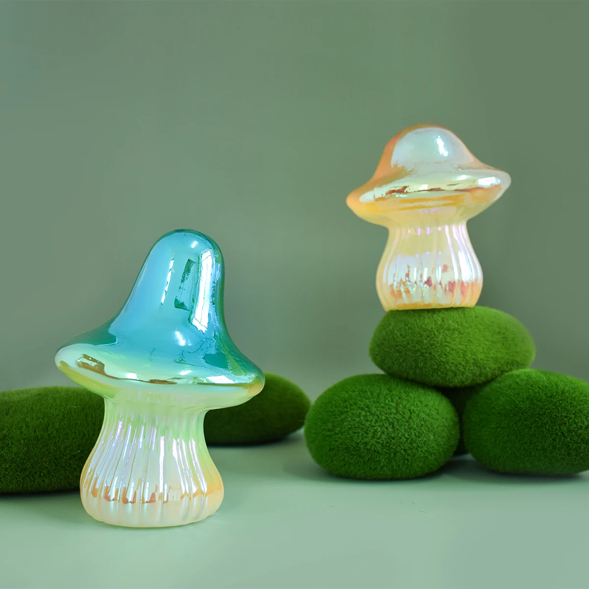 Battery powered led light up hand made blown glass Easter mushroom decoration for sale