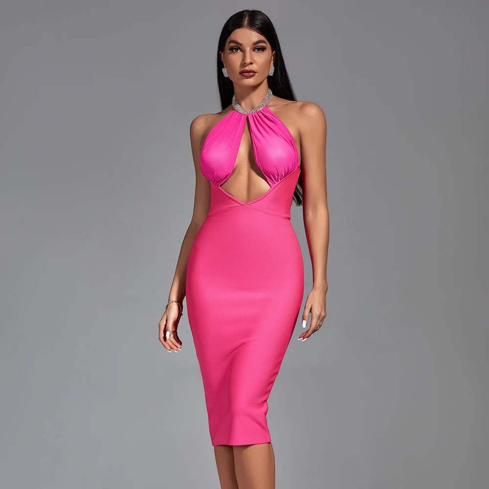 Women Sexy Sleeveless Halter Backless Shiny Diamond Flower Bodycon Bandage Dress Celebirty Elegant Evening Party Birthday Dress
