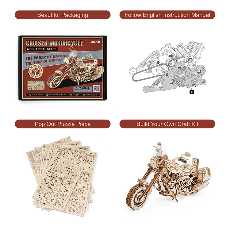 CPC Certificated Robotime Rokr Assemble Toys LK504 Cruiser Motorcycle 3D DIY Wooden Puzzles for Adults