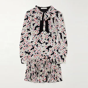 Clothing Manufacturer Custom Spring Autumn Crew Neck Long Sleeve Ruffle Floral Print Elegant Casual Women Pleated Mini Dress