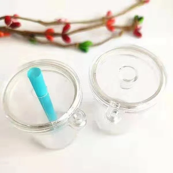 Floating Creative Hot Selling Empty DIY Flat Top Mini Flat Cover Tea Cup Shape Keychains Acrylic Key Chain With Colorful Straws