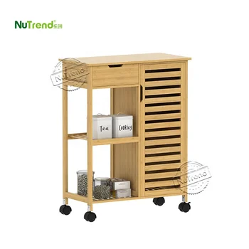 Narrow Small Portable Kitchen Serving Utility Cart with Door Rolling Food Storage Cabinet on Wheels Bamboo Kitchen Trolley