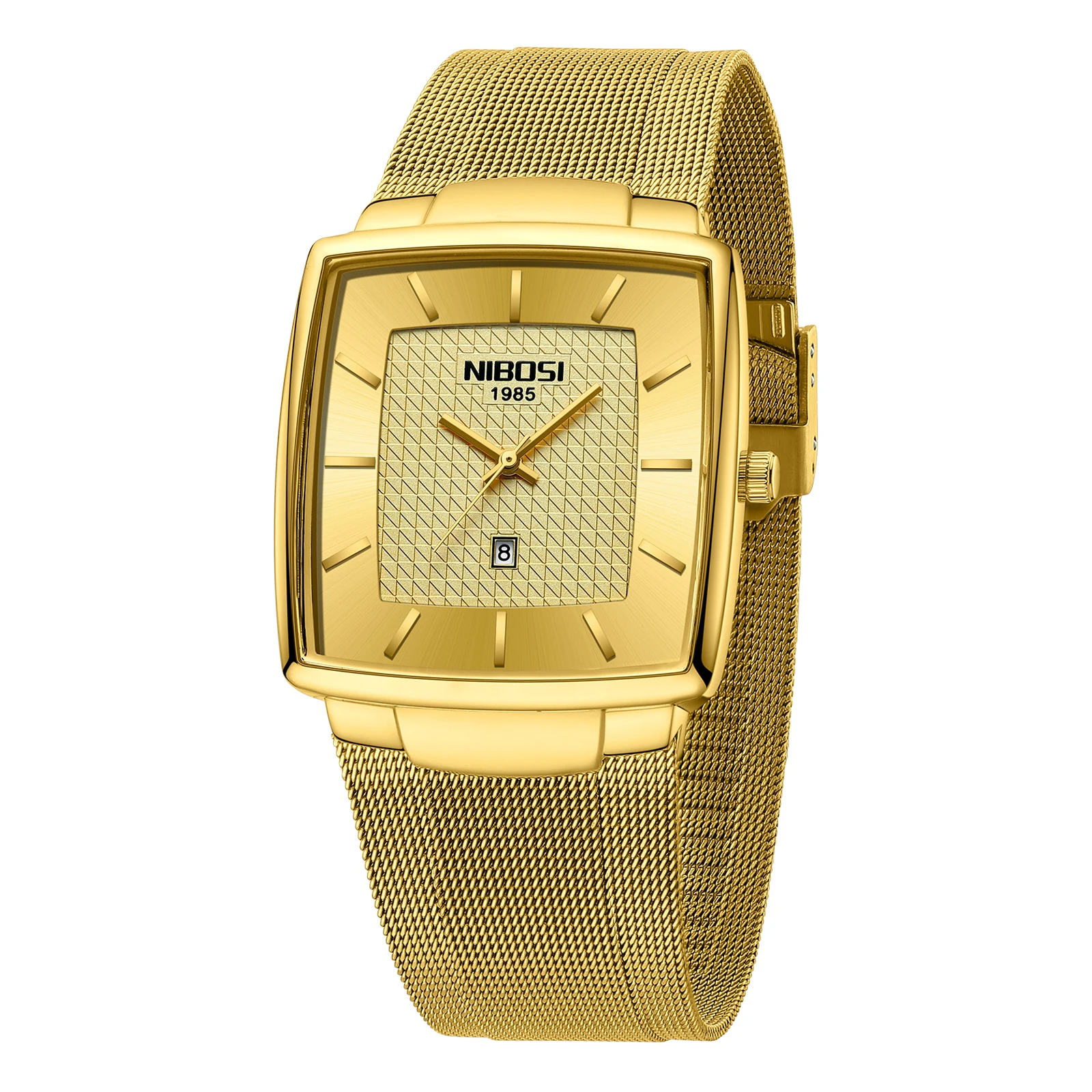 NIBOSI Herenhorloge, luxe militair waterdicht, kwarts, analoog, vierkant, polshorloge voor mannen met roestvrij stalen mesh-armband, datumkalender, rood, blauw