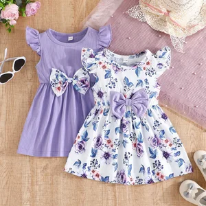 New Baby Girls' Solid Pattern O-Neck Casual Dress with Flying Sleeves and Bow Sweet Two-Piece Set for Summer Clothes for Kids