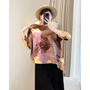 2026 Summer Female T-Shirt Casual Pleated Loose Fit Short Sleeve Printed Top Generational MM Size for Young Mothers