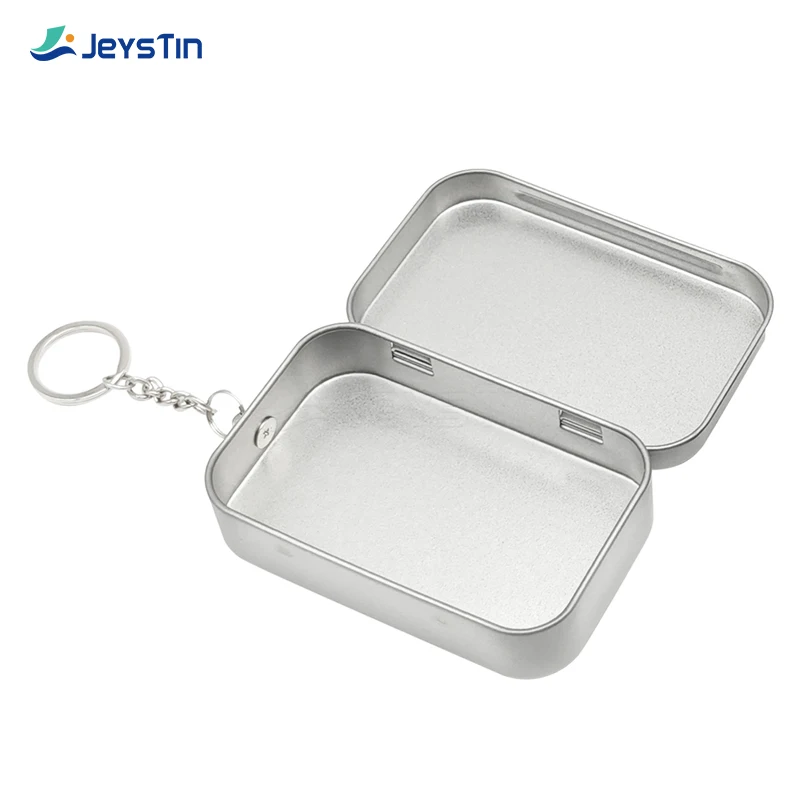 Rectangular Hinged Metal Packing Tin Box Silver Black  Plain Tin Container Small Metal Tins Box with Key Chain
