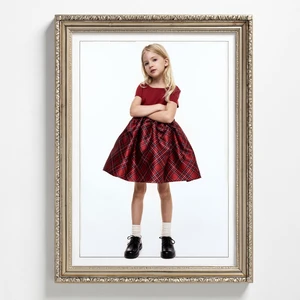 OEM/ODM O-Neck Short Sleeve Plaid Christmas Girls Summer A-Line Knee-Length Dress with Big Bow