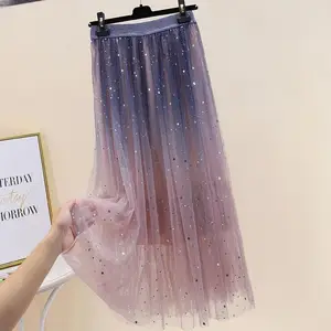 Sweet Ruffles Ruched Natural Waist Breathable Plain Dyed Tulle Sequin Skirt Solid Pattern Layered Star Casual