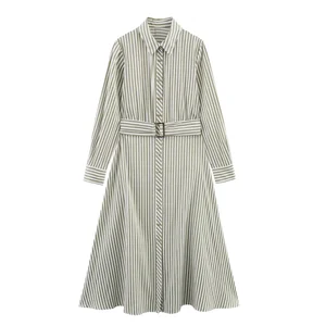 Women's Vintage Temperament Midi Dress Slim Fit Belt Striped Long Sleeve Spring New Fashion for Autumn Summer Natural Waistline