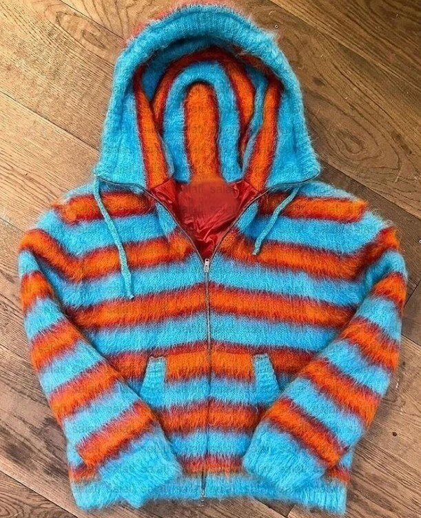 Custom Zip up Mohair Hoodies Unisex Oversized Thick Fuzzy Wool Blend Stripe Knitted Women Men Mohair Sweater gallery 8