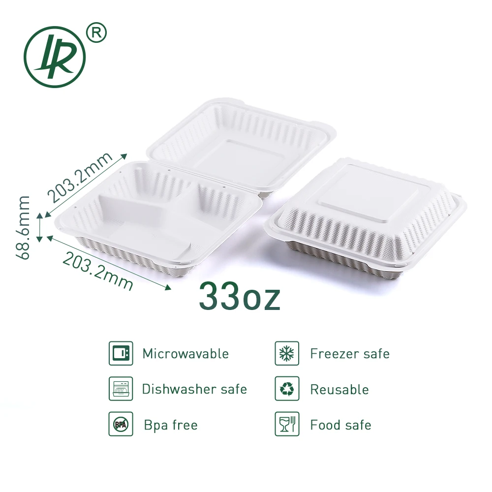 8x8x3 Takeway Lunch Box 3 Compartment Clamshell Hinged Togo Containers