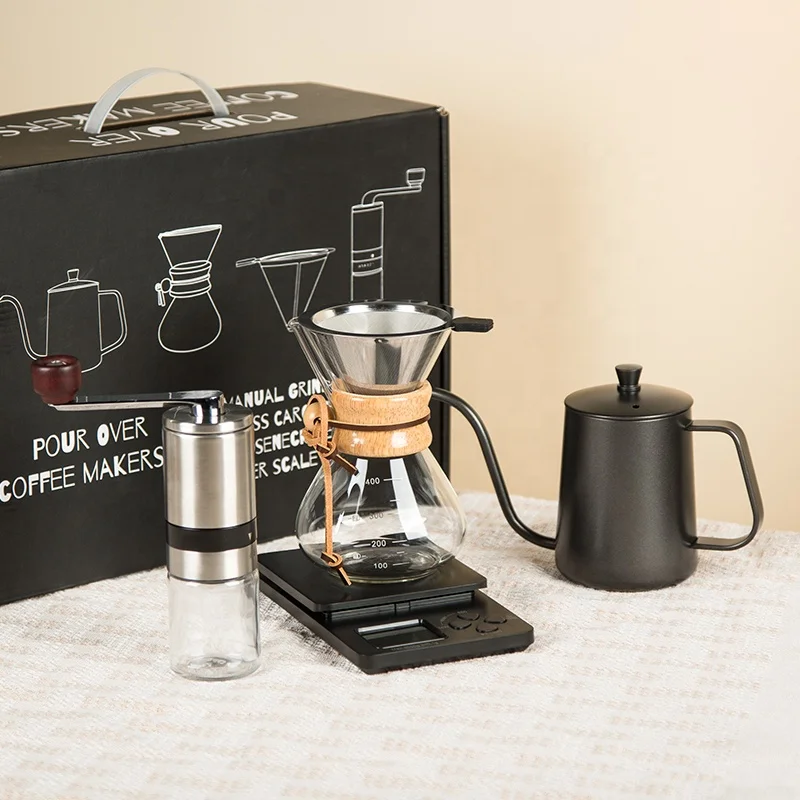 Pour Over Coffee Maker Set Chemex with Metal Filter 600ml Kettle Hand Grinder