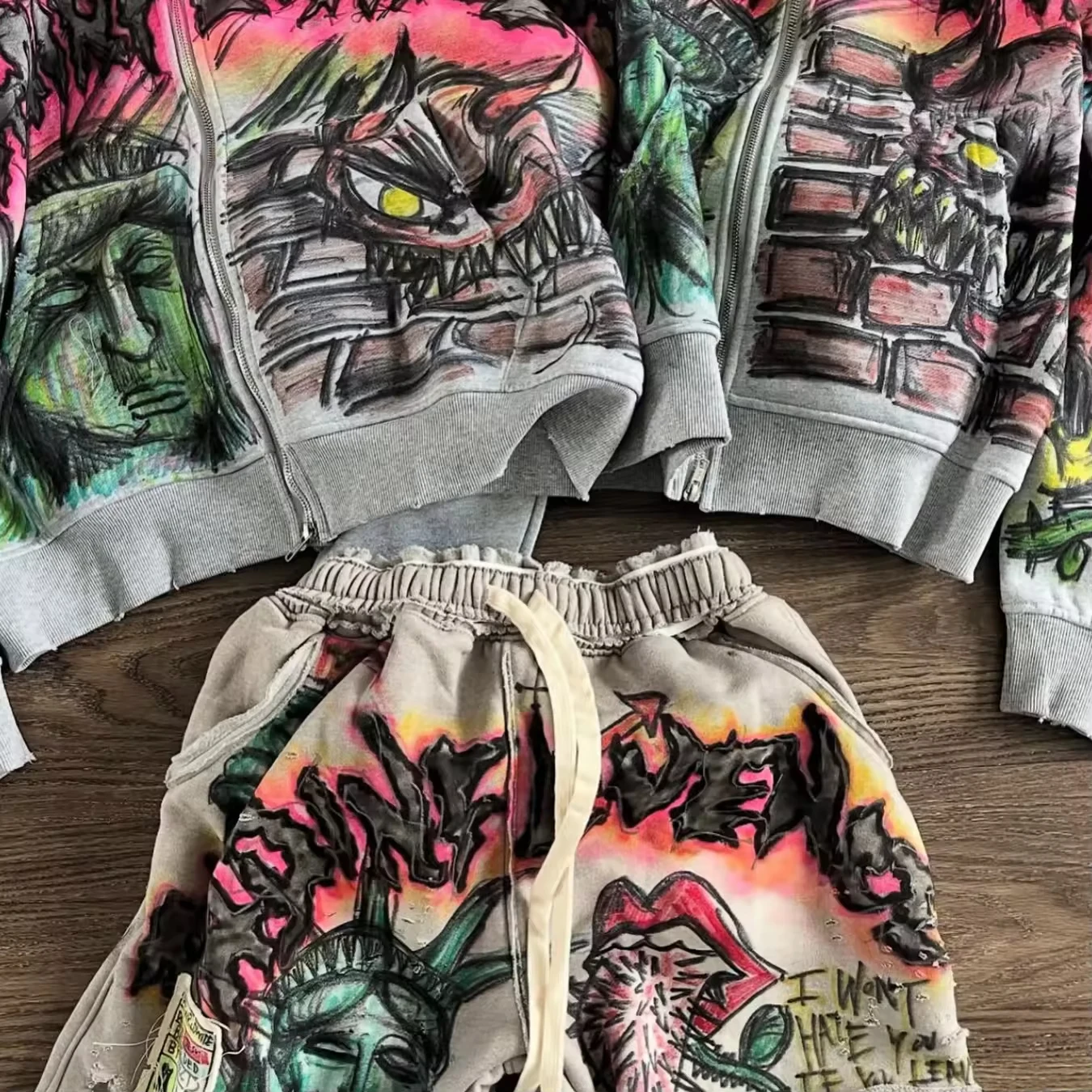 Custom-Made Acid-Washed Imprinted Zipper Hoodies Streetwear Clothing Vintage Stone Graphic Applique Embroidery gallery 2