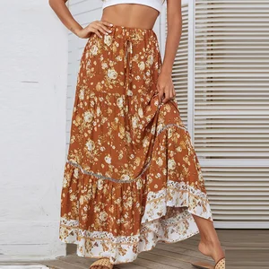 Women's Print Floral Long Hippie Bohemian Bandage Skirt Gypsy Boho Ladies Female Lace up Flowers Elastic Waist Halter Skirt