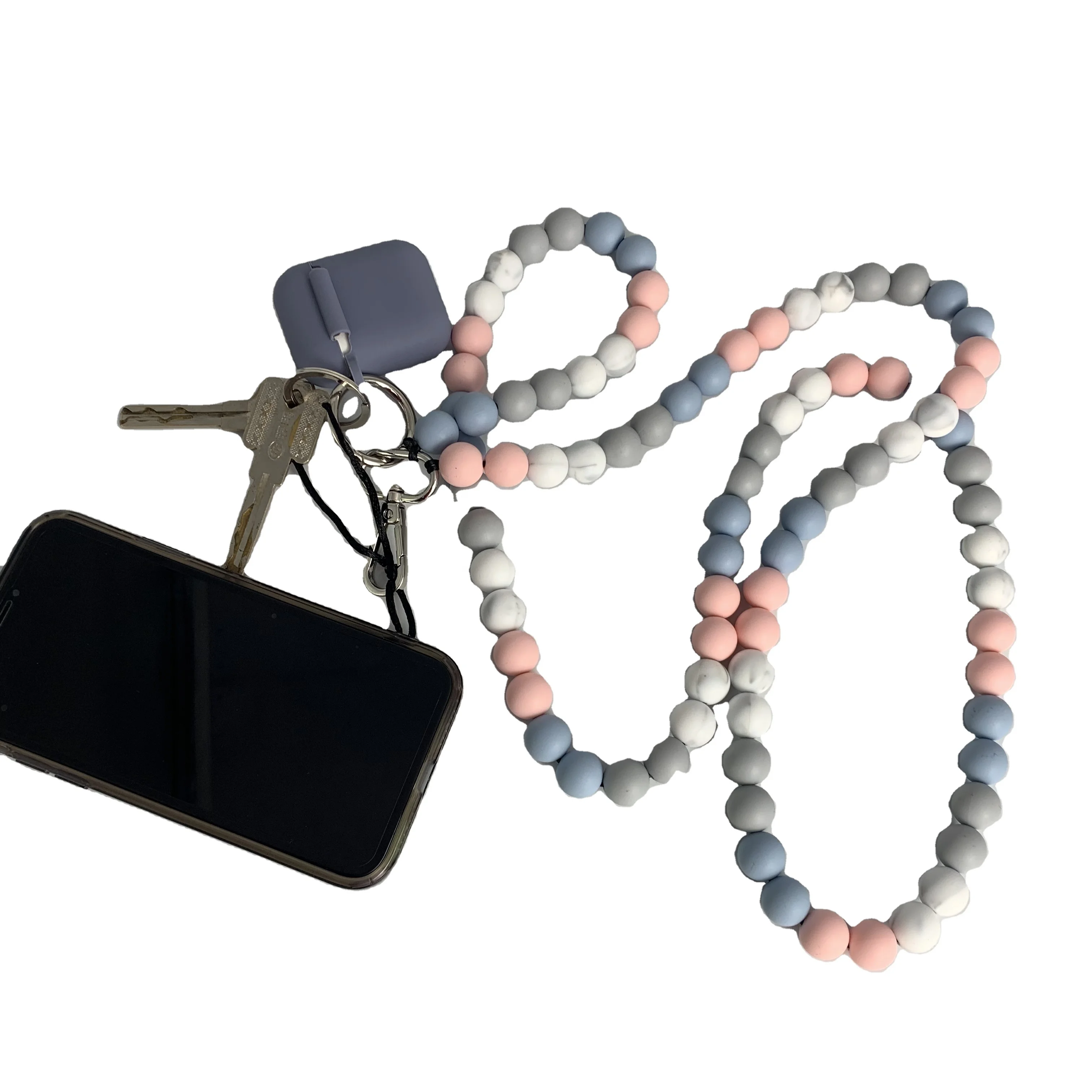 Custom Silicone Beaded Lanyard No Loose Keys ID Badge Phone Lanyard Silicone Bead Crossbody Chain