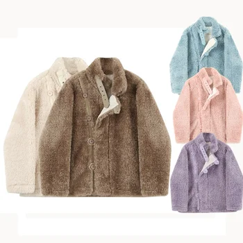 Women winter wool Coat lamb Shearling creamy Furry cashmere chunky fur short Coat jacket outwear trench coat