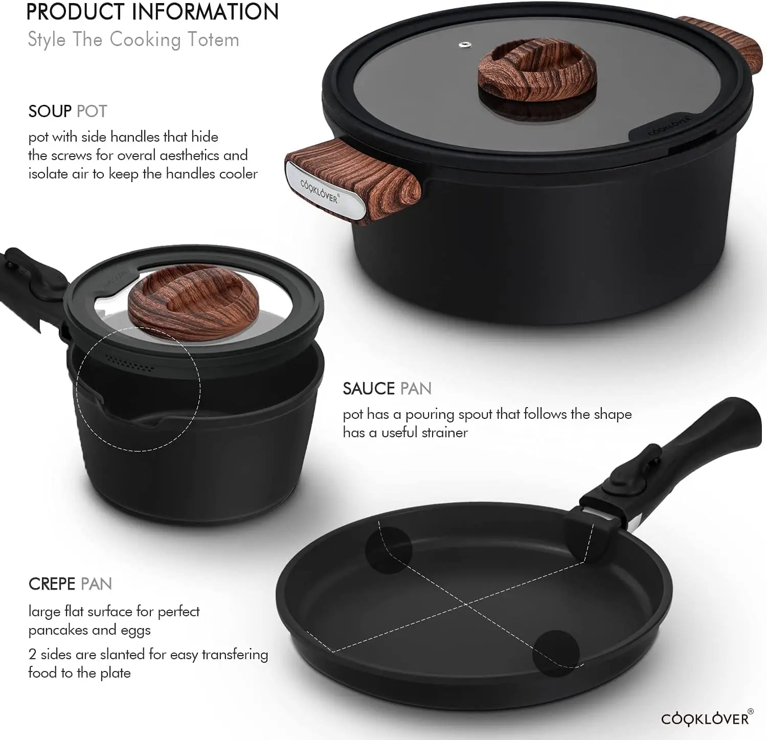 Cooklover Best Kitchen Ware Modern Induction Cooking Pot Cookware Set Glass Lid Made Aluminium Silicone Marble Bakelite Home Use