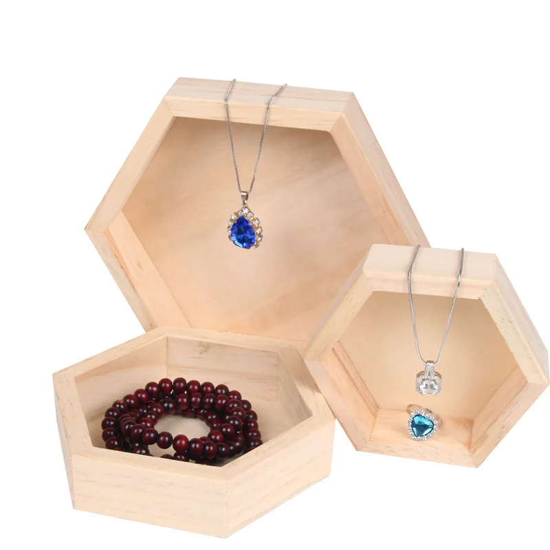 Wood Jewelry Storage Boxes Bracelet Necklace Display Tray Plate Hexagon