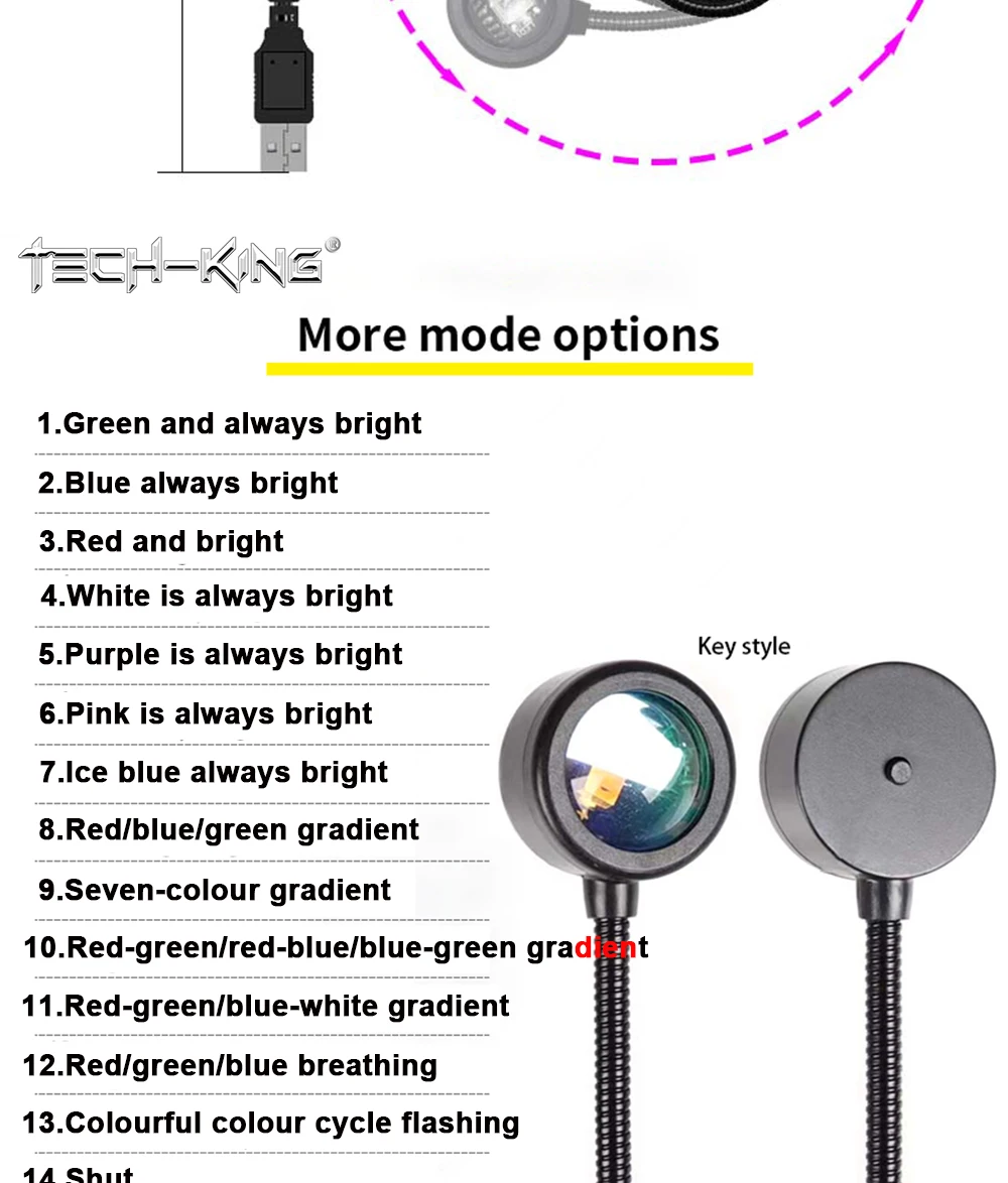 TECH-KING RGB Mini Portable Table Rainbow USB Led Light Projector Sunset Red Light Sunset Yellow atmosphere light