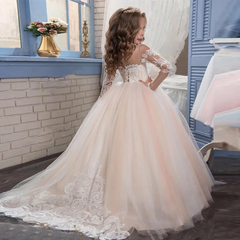 
Новинка 2021, пышная юбка с длинными рукавами для девочек, платье принцессы для выступлений на день рождения, со шлейфом, кружевное платье с цветами для девочек, официальное платье 