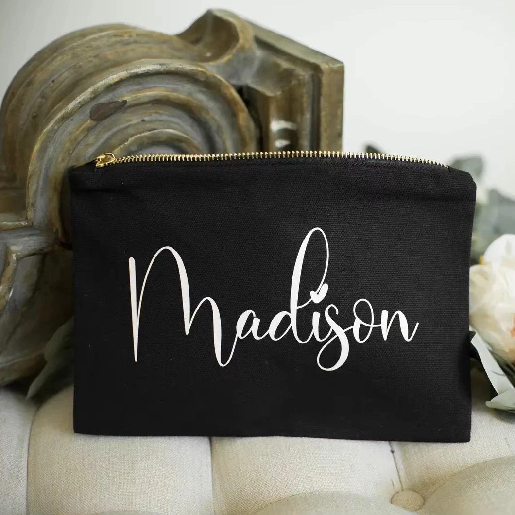 Wholesale Zipper Canvas Custom Makeup Bag Cotton Bags Cosmetic Bag Gold Texture Zipper Custom Logo