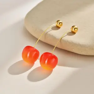 Fashion Red Acrylic Cherry Design Drop Earrings Stainless Steel Earring Fruit Jewelry Accessories for Women