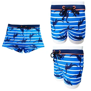 High-Quality, High-Stretch Custom Dinosaur Print Blue & White Striped Boys' Swim Trunks with Adjustable Drawstring