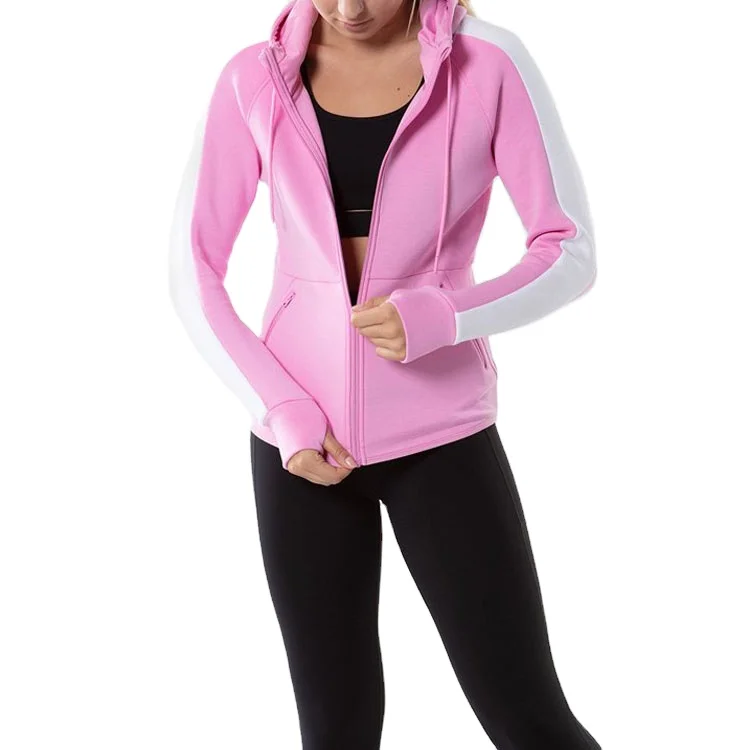 Women Fashion Design Sport Gym Cotton Full Zip Side Zip Pocket Color Block Hoodie