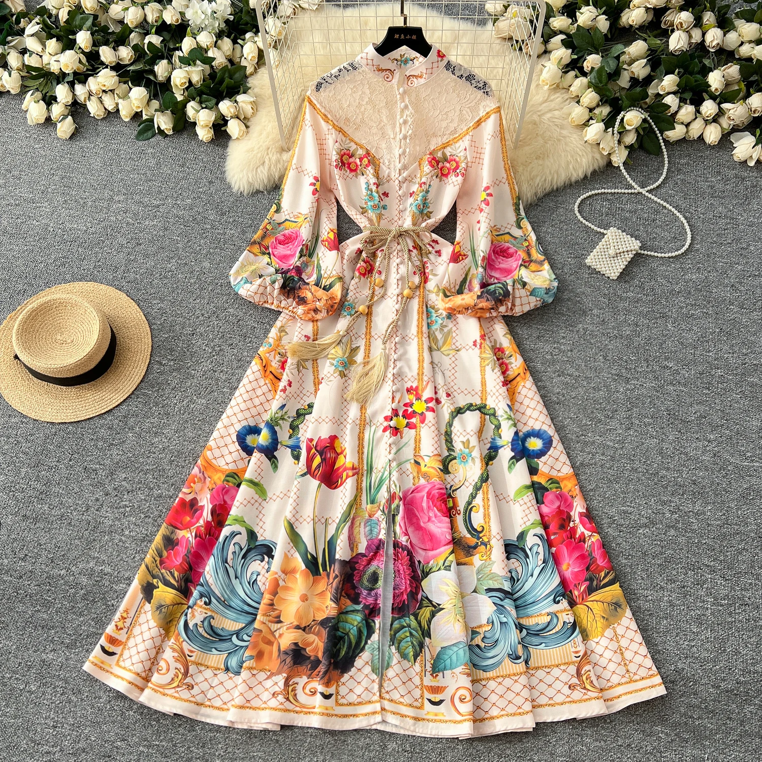 LW1034 Vintage Senior Sense Print Dress Women Bubble Sleeve