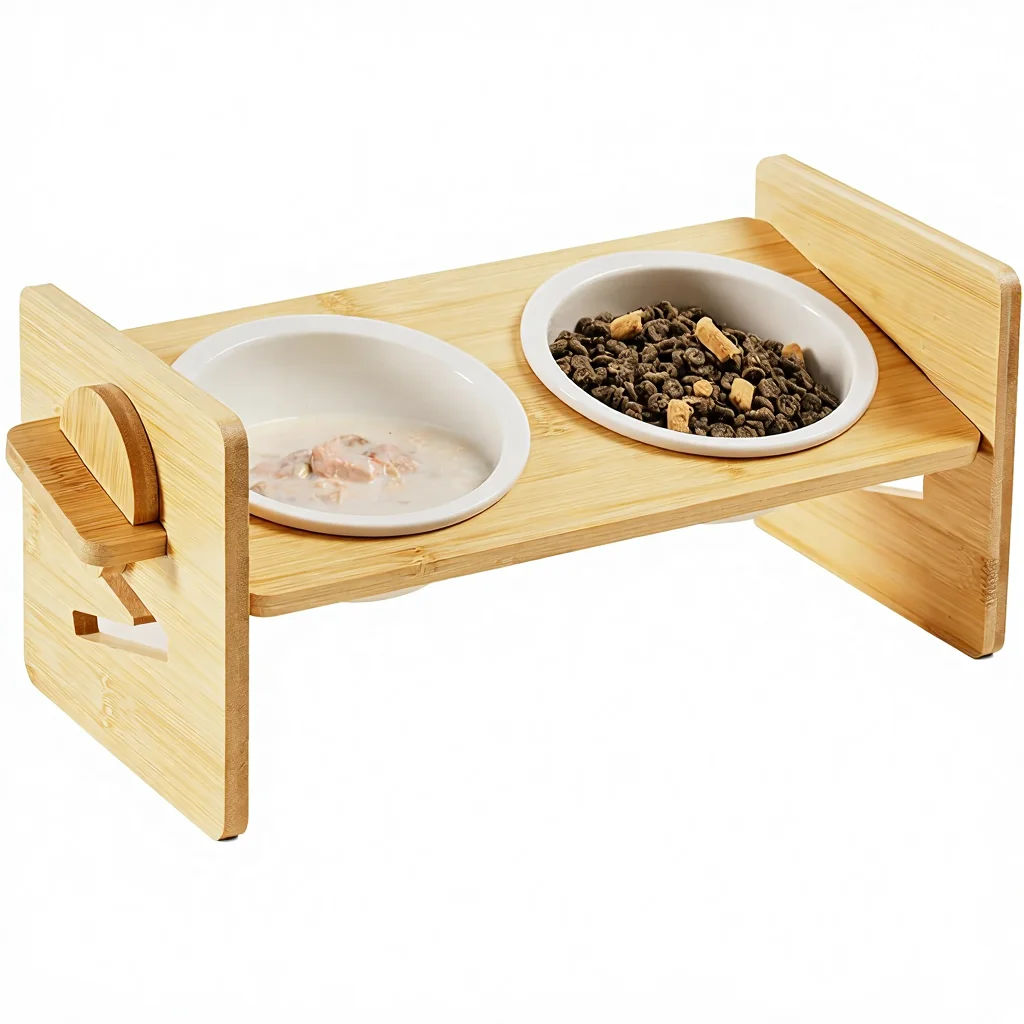 Bamboo Ceramic 15 Tilted Raised Cat Bowls for Indoor KidsAdjustable Anti-Vomiting Dishwasher Safe for Food Water