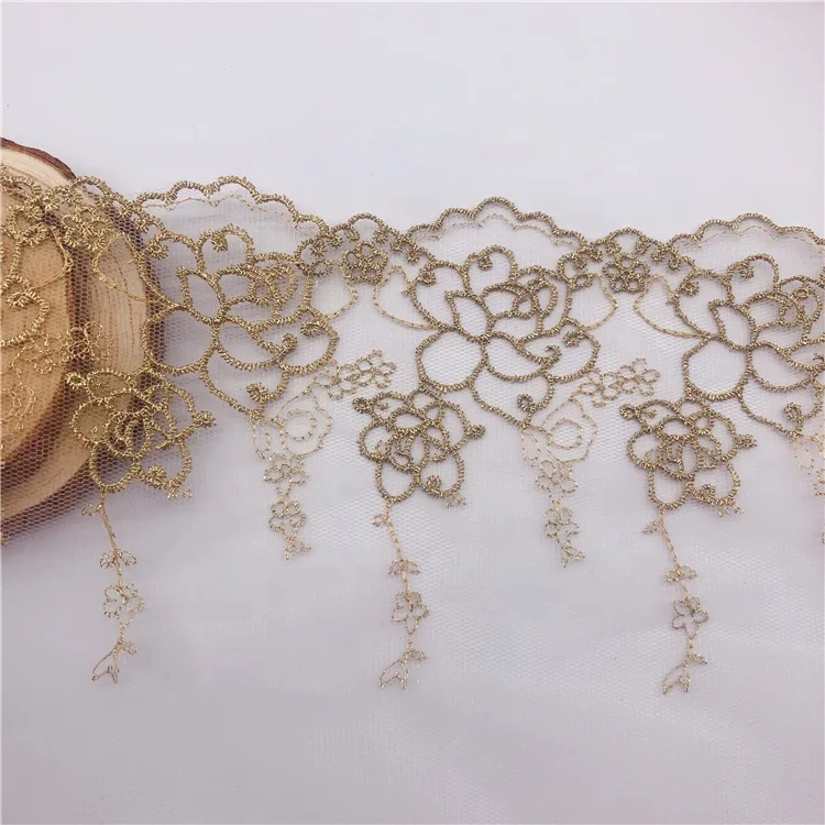 Golden Fancy Bridal Bordere Embroidery Organza Lace Trim Gauze Lace Net Roll Mesh Gold Lace Trim
