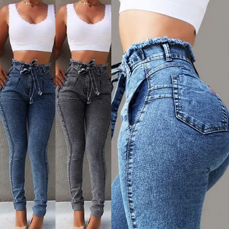 Women's High Waist Slim Stretch Denim Jeans Streetwear Bodycon Tassel Belt Bandage Skinny Push-up Style Button Hole Decoration