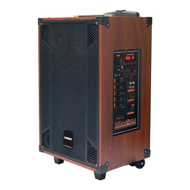 High Quality Best Sound Big Power 150w 12 Inch Wooden Trolley Speaker Tws Dc 12v Rechargeable Wood Outdoor Audio With Mic