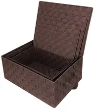 Set of 3 Storage Boxes Woven Container Baskets with Metal Frame and Lids for Household, Bedroom, Bathroom, Living Room