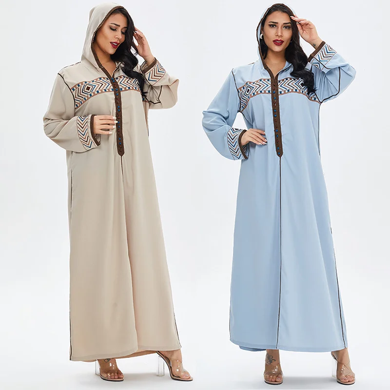 Moslim Jurken met Zakken Islamitische Casual Lange Jurken Marokkaanse Kaftan Vrouw Ramadan Abayas, Crème, M
